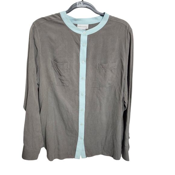 Soft Surroundings XL 100% Silk Twill Lux Gray Robins Egg Blue Blouse Shirt Top - Picture 5 of 9